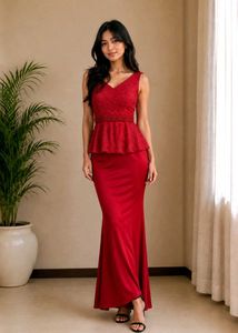 Korean Elegant Red Lace Peplum Gown