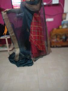 Deep Teal Blue Net Saree with Traditional Zari Bor