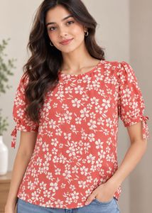 Chic Floral Print Top with Tie Sleeves