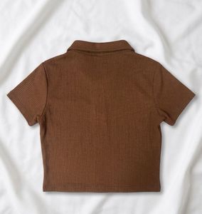 Brown Ribbed Cropped Polo Top