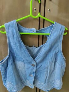 Light Wash Denim Vest with Embroidery