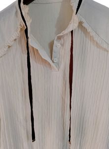 Cream Ruffle Trim Ribbon Tie Blouse