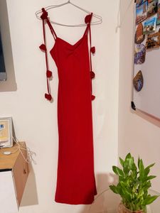 Red Maxi Dress with Rose Detail