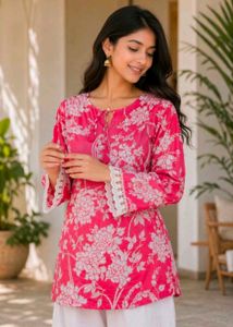 Vibrant Pink Floral Print Short Kurta