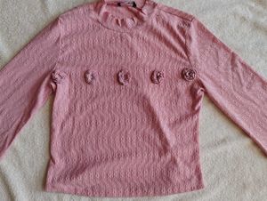 Pink Bell Sleeve Top with Rose Detail