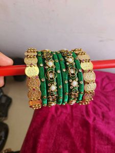 Red Embellished Bangle Set with Coin Accents
