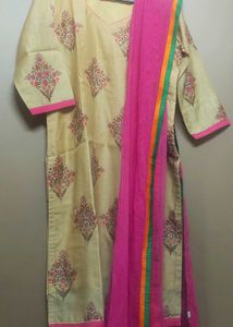 Cream and Fuchsia pink silk cotton salwar full set