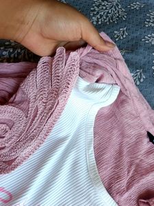 Chic Pink Crinkle Top &amp; White Tee Set