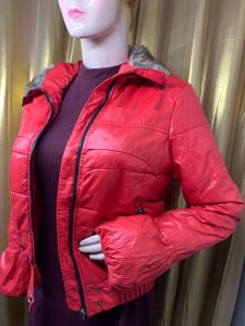 Red Puffer Jacket with Fur Trim