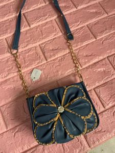 Blue Faux Leather Flower Crossbody Bag