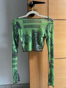 Green Graphic Print Mesh Long Sleeve Top
