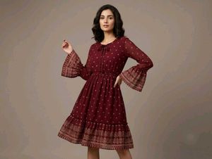 Maroon Printed Bell Sleeve Dress