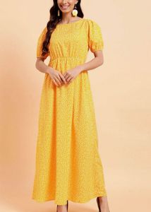 Yellow Floral Puff Sleeve Maxi Dress