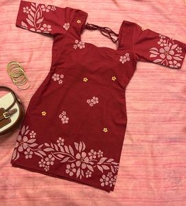 Maroon Floral Print Square Neck Dress