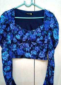 Blue Floral Long Sleeve Crop Top