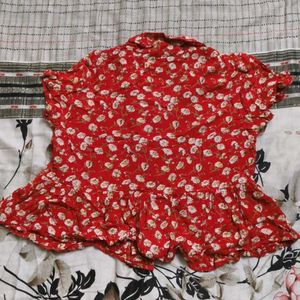 Red Floral Print Button-Up Top