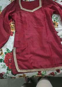 Maroon Kurta Set with Embellished Neckline