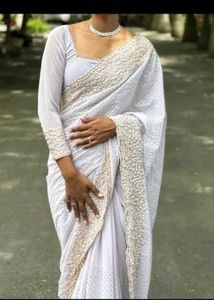 threadwork Pearl White Saree with Embellishments