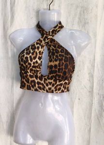 I. Leopard Print Halter Neck Crop Top