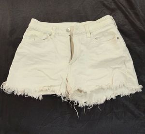 Cream Frayed Hem Denim Shorts