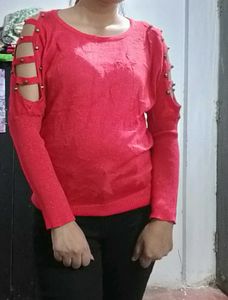 Red Cold Shoulder Sweater with Studs