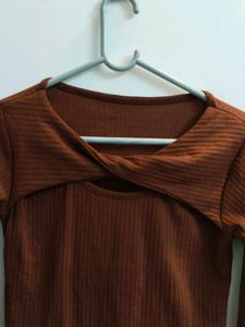 Brown Ribbed Twist Front Top