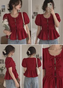 Pinteresty Red Tie Top with Puff Sleeves