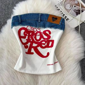 Denim/Cotton strapless graphic tube top