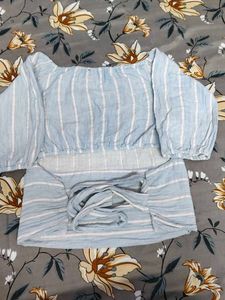 Light Blue Striped Off-Shoulder Top