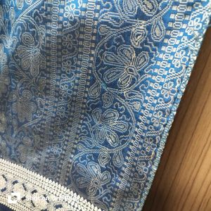 Teal Saree with Silver Thread Border