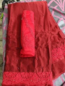 Elegant Red Embellished Silk Saree