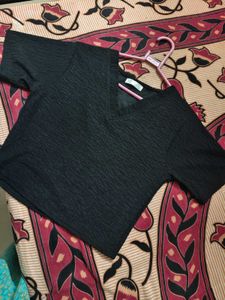 Black Textured V-Neck Tee