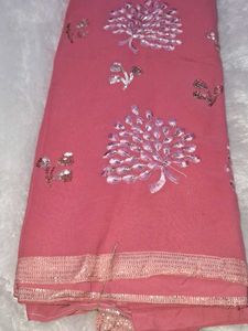 Beautiful Pink Embroidered Saree without blouse