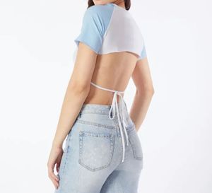 Blue Quote Printed Back Cut crop top