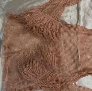 Sheer Mesh Mini Dress with Faux Fur Cuffs