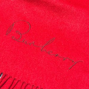 BURBERRY Solid Red Cashmere Cursive Logo Fringe
