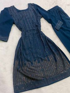 Teal Blue Rhinestone Work Kurti &amp; Parallel Trouser