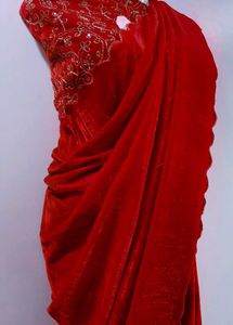 Velvet Embroidered Red Saree