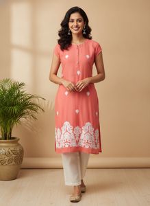 Embroidered Coral Kurta
