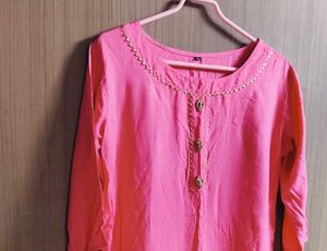 Bright Pink Kurta with gota patti Embellished Neck