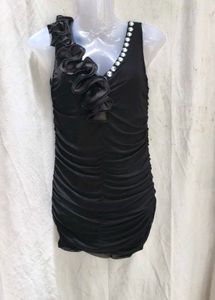 I. Chic Black Ruched Dress with Rhinestone Trim