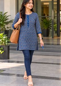 Blue Printed Cotton Kurta cum top
