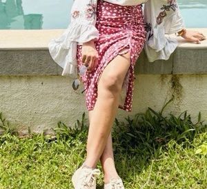 Floral Ruched Drawstring Slit Skirt b