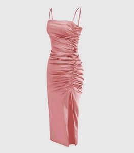Satin Ruched Midi Dress with Slit