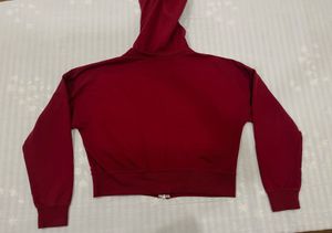 Maroon/Cherry Red Cropped Hooded Zip-Up Sweatshirt