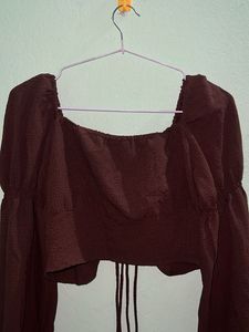 Chic Brown Lace-Up Puff Sleeve Top