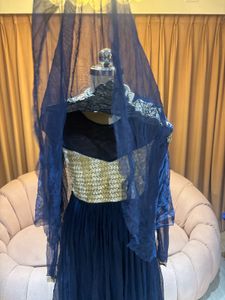 Elegant Navy Blue Embroidered Gown