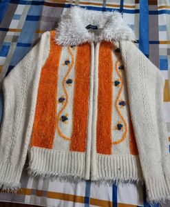 Cozy Orange &amp; White Striped Knit Cardigan