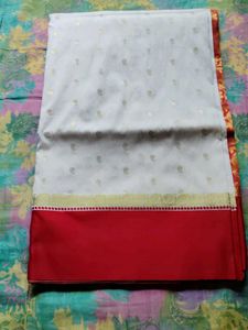 White and Red Benarasi Art Silk Saree with blouse.