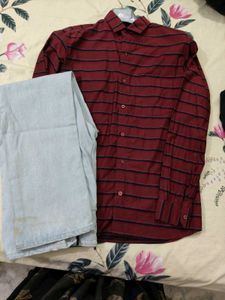 maroon shirt with ice blue denim jeans